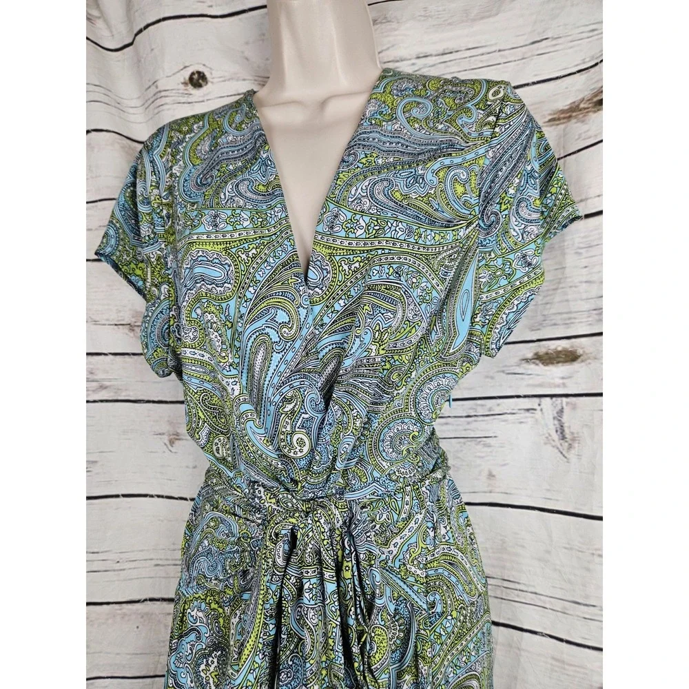 Michael Kors Blue Green Maxi Dress 14W High Low Tie Wrap Belt V-Neck Jersey Knit